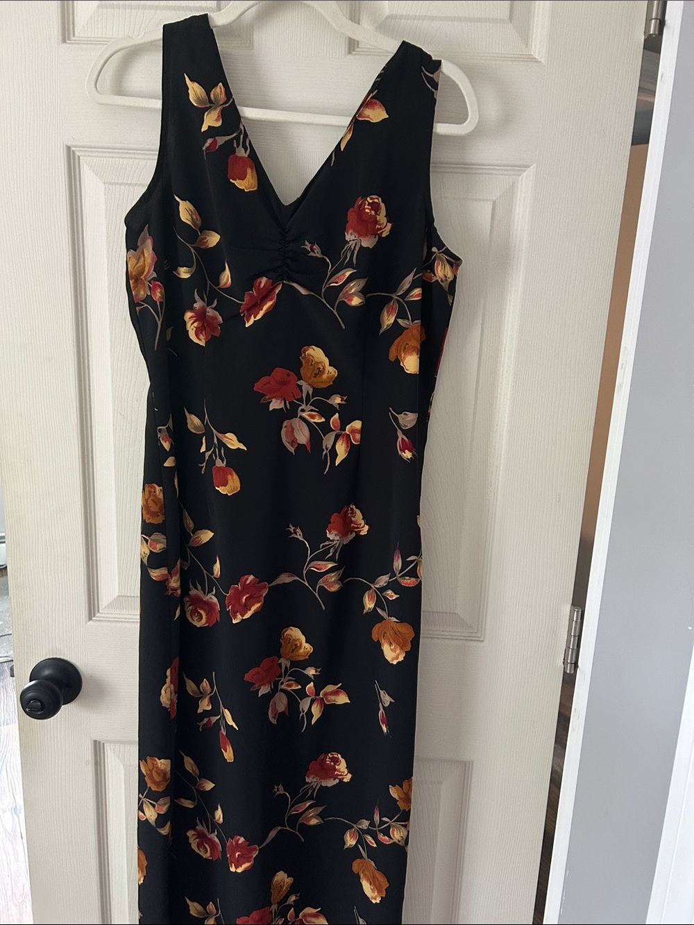 Northern Reflections Black Floral V-Neck Midi Dress with Red and Gold Blooms